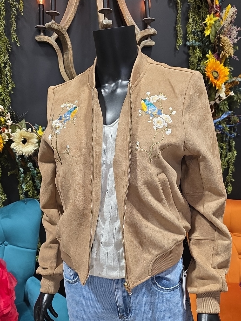 NEW! Solitaire Tan Embroidered Bomber Jacket with Bird Accent